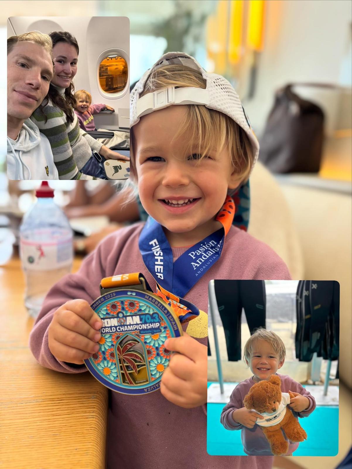 Cyril met de Ironman 70.3 WK Marbella medaille van papa